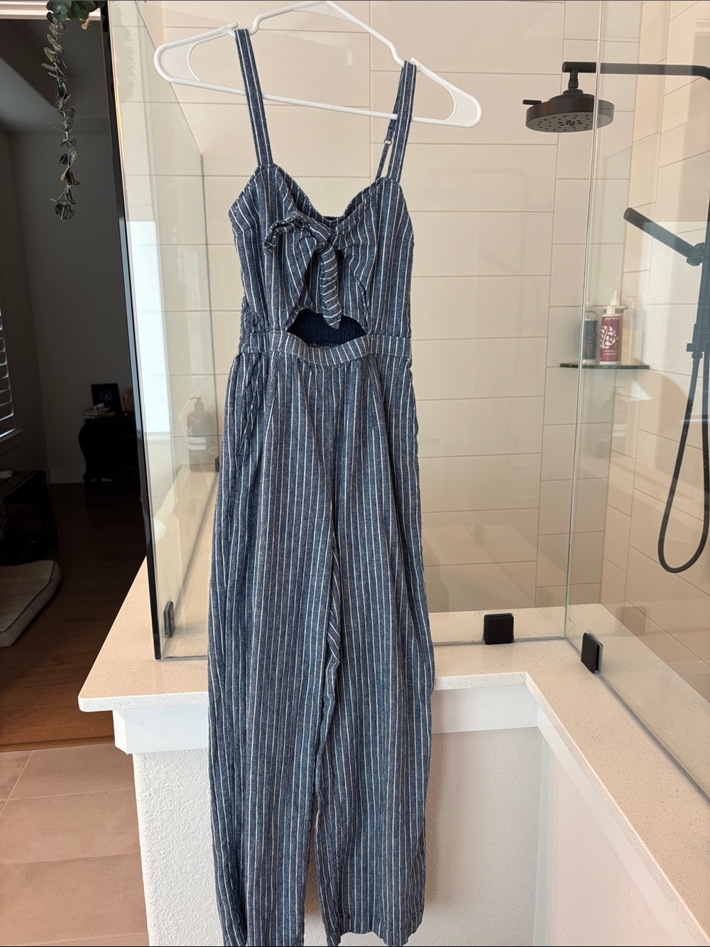 A&F Striped Navy Blue Tie-Front Jumpsuit